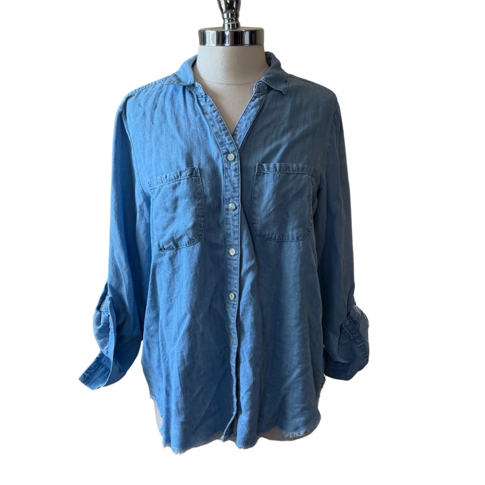 CHICO’S Blue Button-Up Shirt Size 2 Large Raw Hem Tencel